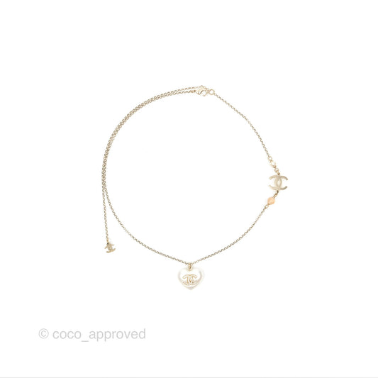 Chanel Heart Pearl CC Necklace Gold Tone 21B