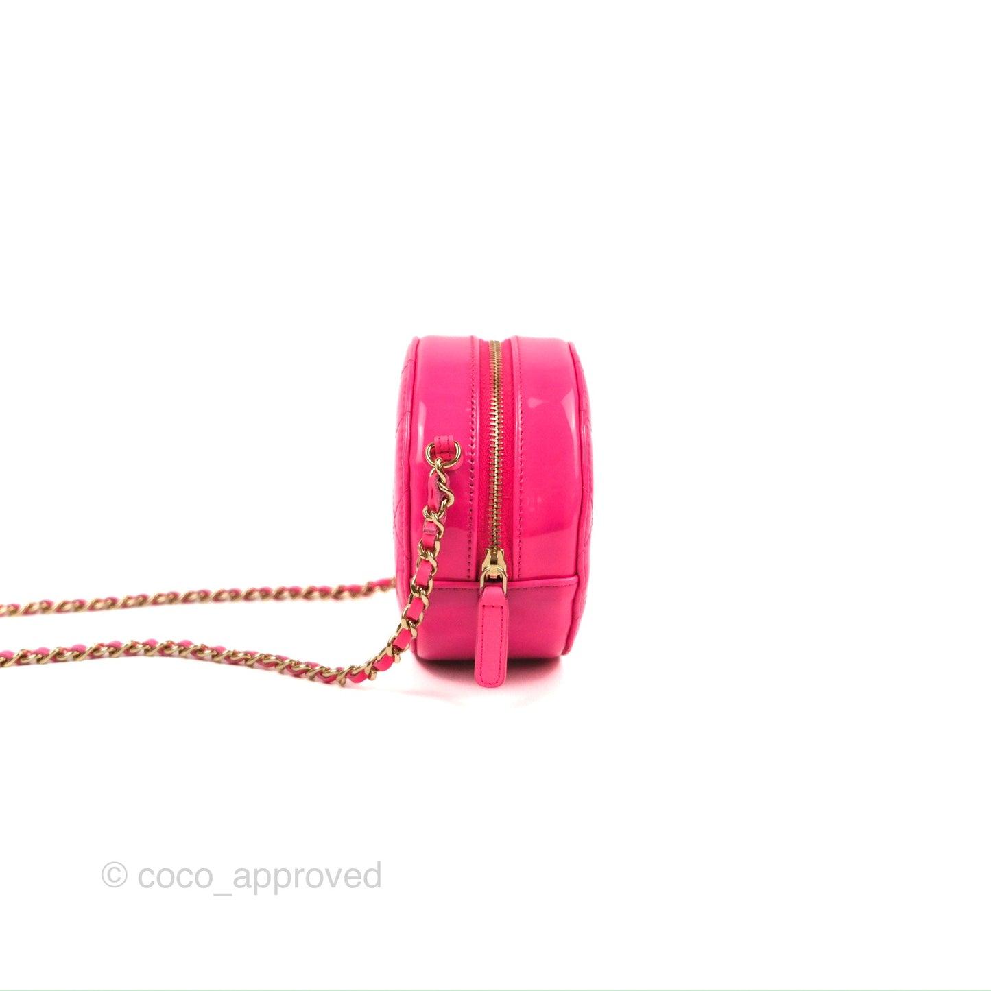 Chanel Classic Quilted Round Clutch Neon Pink Patent Gold Hardware