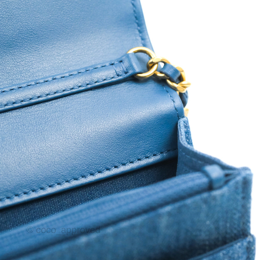 Chanel Quilted Pearl Crush Wallet on Chain WOC Denim Aged Gold Hardware