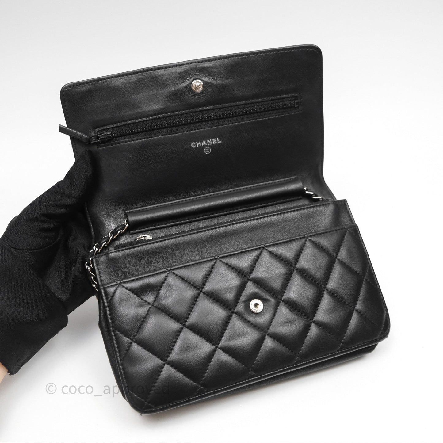 Chanel Quilted WOC Black Lambskin Silver Hardware