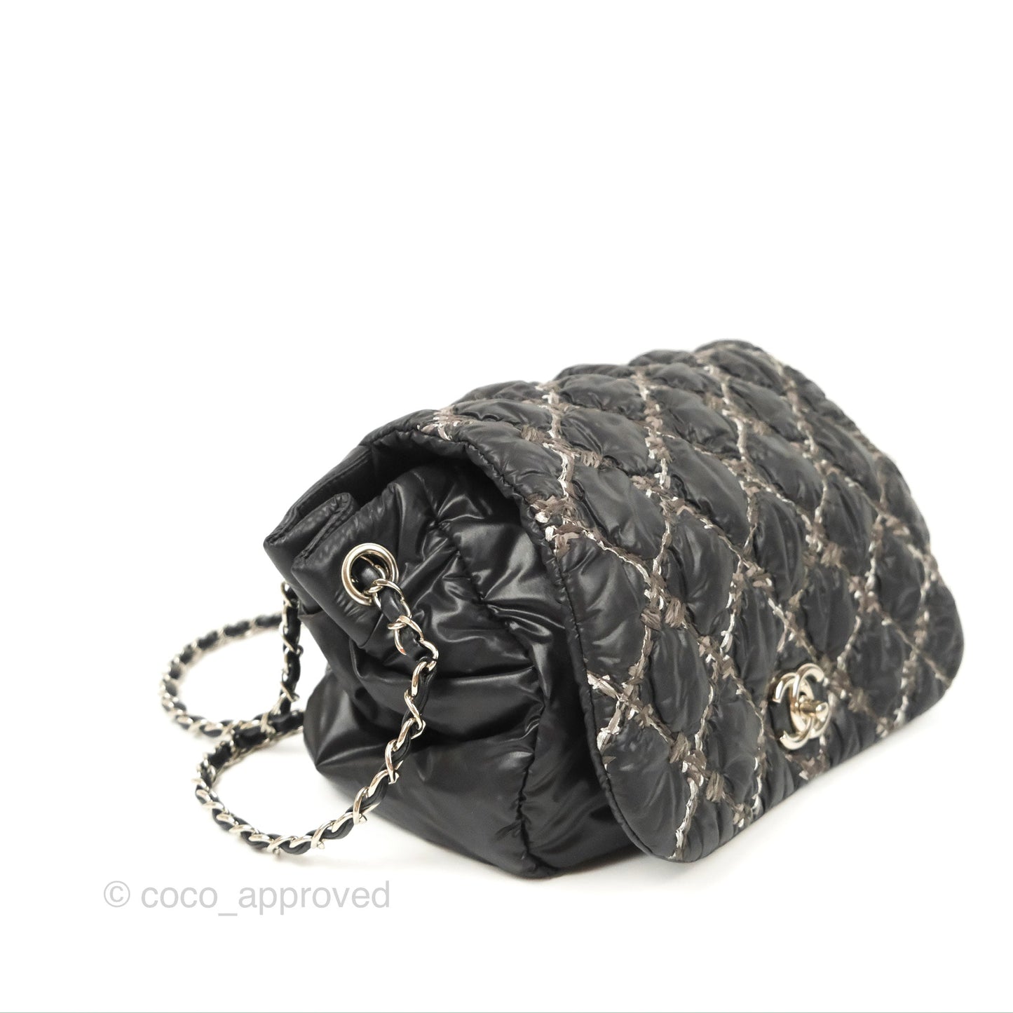 Chanel Tweed On Stitch Bubble Accordion Flap Black Nylon Silver Hardware