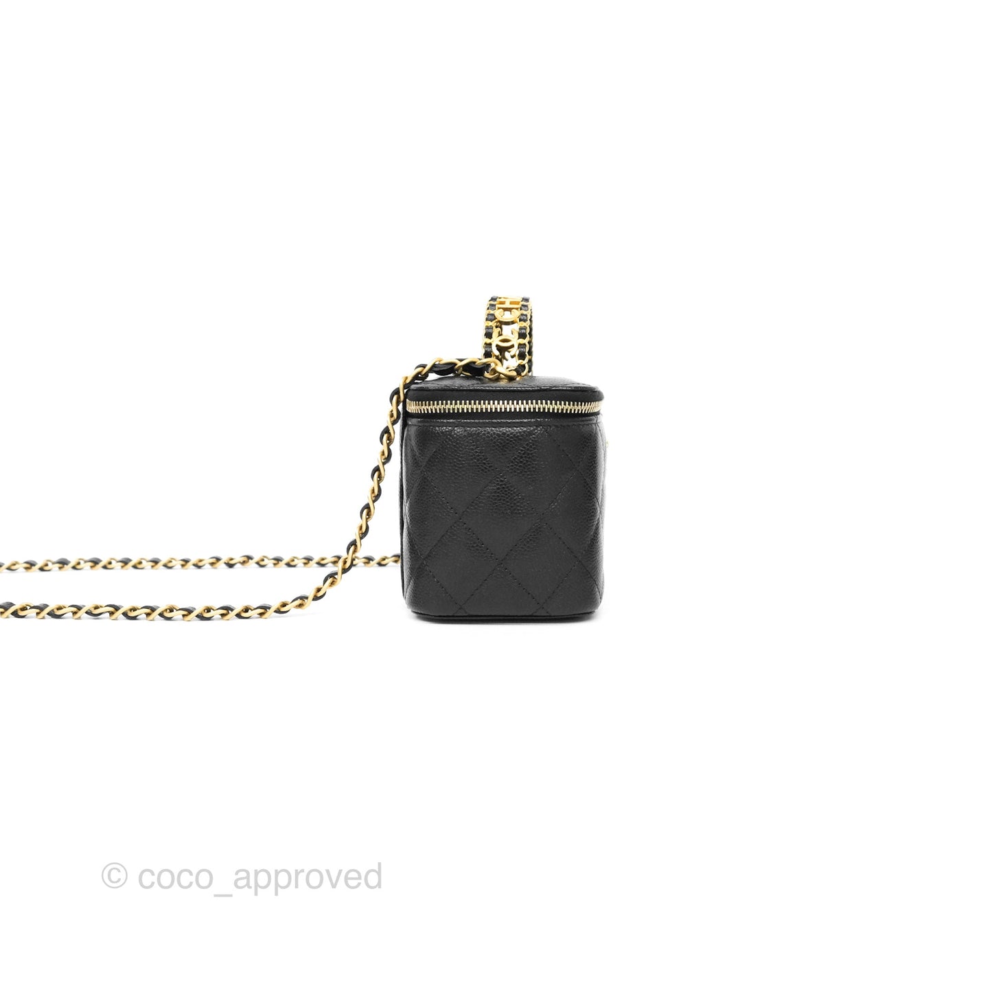 Chanel Logo Top Handle Vanity Rectangular Black Caviar Aged Gold Hardware