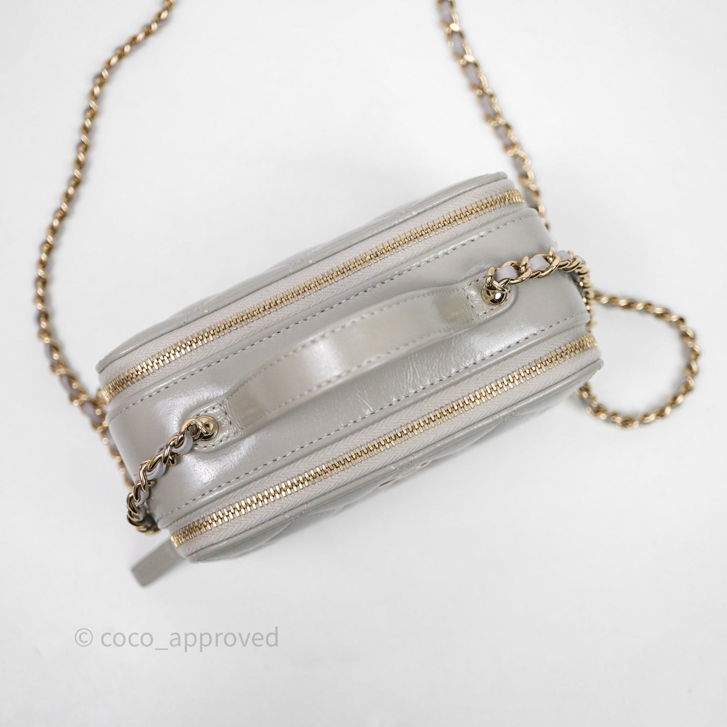 Chanel Mini Top Handle Camera Case Grey Shiny Calfskin Gold Hardware 22B