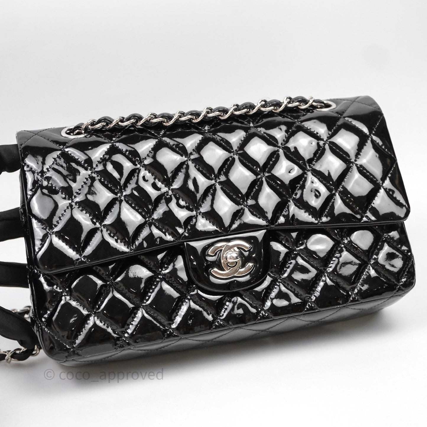 Chanel Medium Classic Flap Quilted Black Patent Silver Hardware