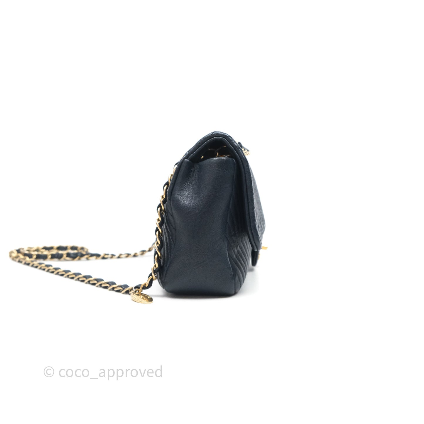 Chanel Medium Chevron Surpique Flap Navy Calfskin Aged Gold Hardware