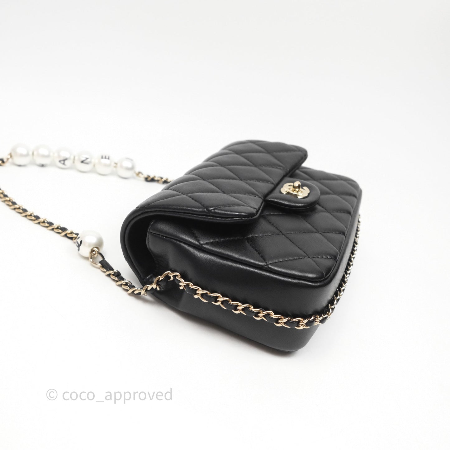 Chanel Logo Pearl Chain Flap Bag Black Lambskin Gold Hardware