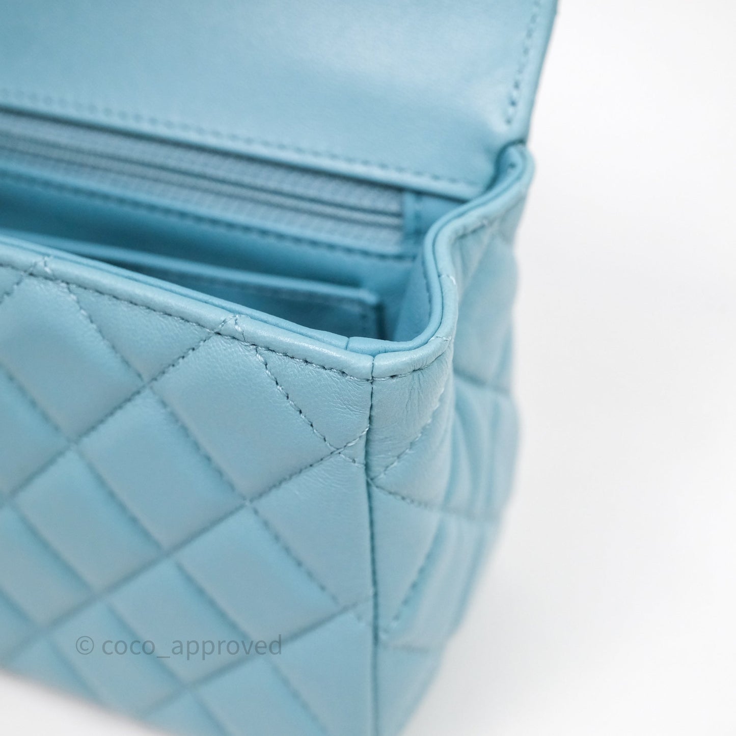 Chanel Flap Bag with Crystal Logo Top Handle Tiffany Blue Lambskin Aged Gold Hardware