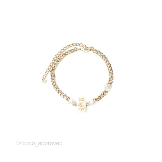 Chanel No5 Perfume Bottle Crystal Pearl Chain Choker Necklace Gold Tone 22S