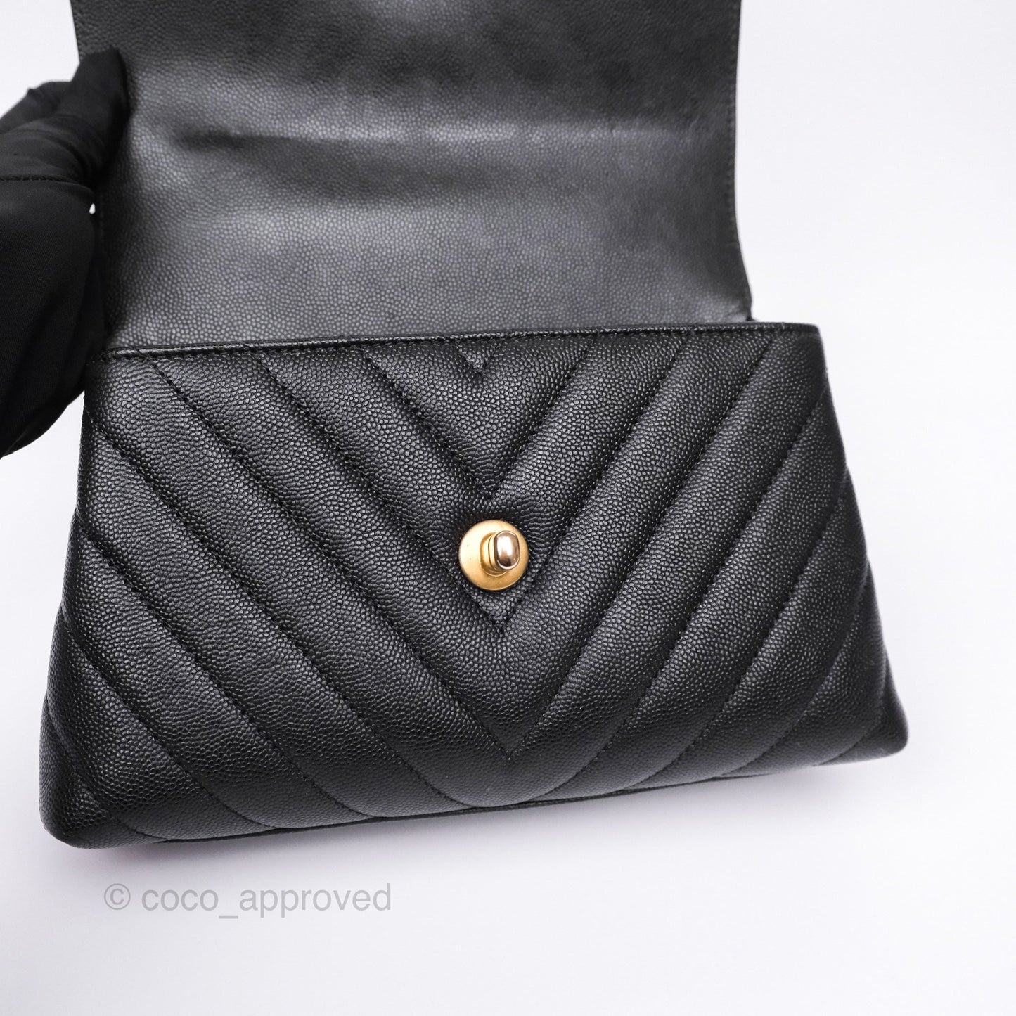 Chanel Small Coco Handle Chevron Black Caviar Aged Gold Hardware Lizard Handle