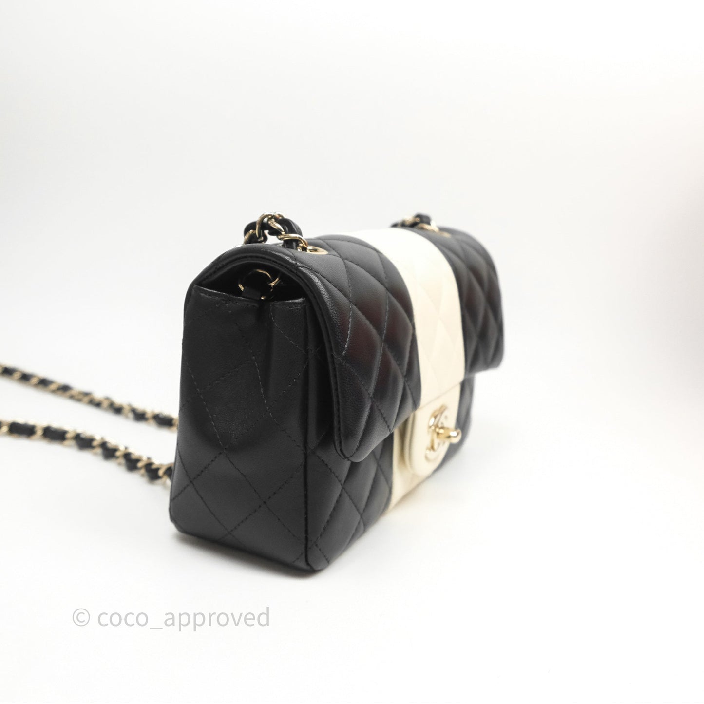 Chanel Mini Rectangular Flap Quilted Black White Lambskin Gold Hardware