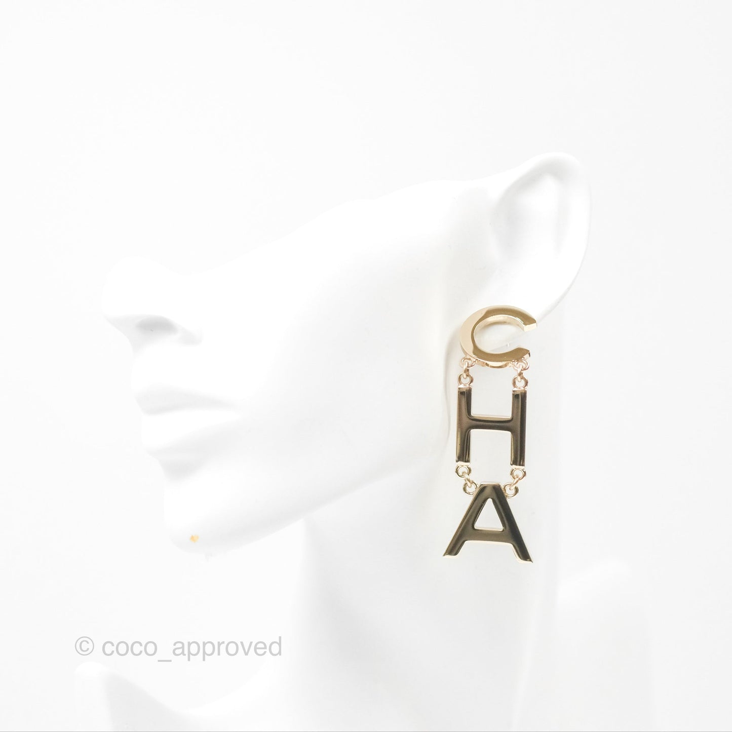 Chanel Letter Cha-Nel Logo Drop Earrings Gold Tone 20V