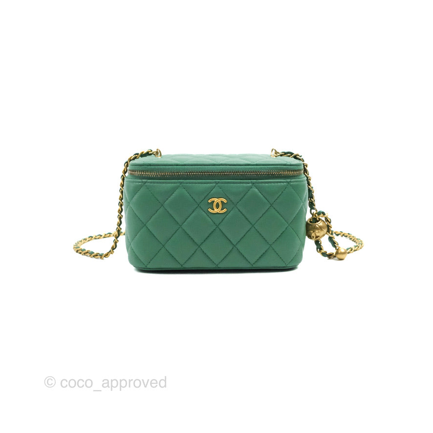 Chanel Vanity with Pearl Crush Chain Green Lambskin Aged Gold Hardware