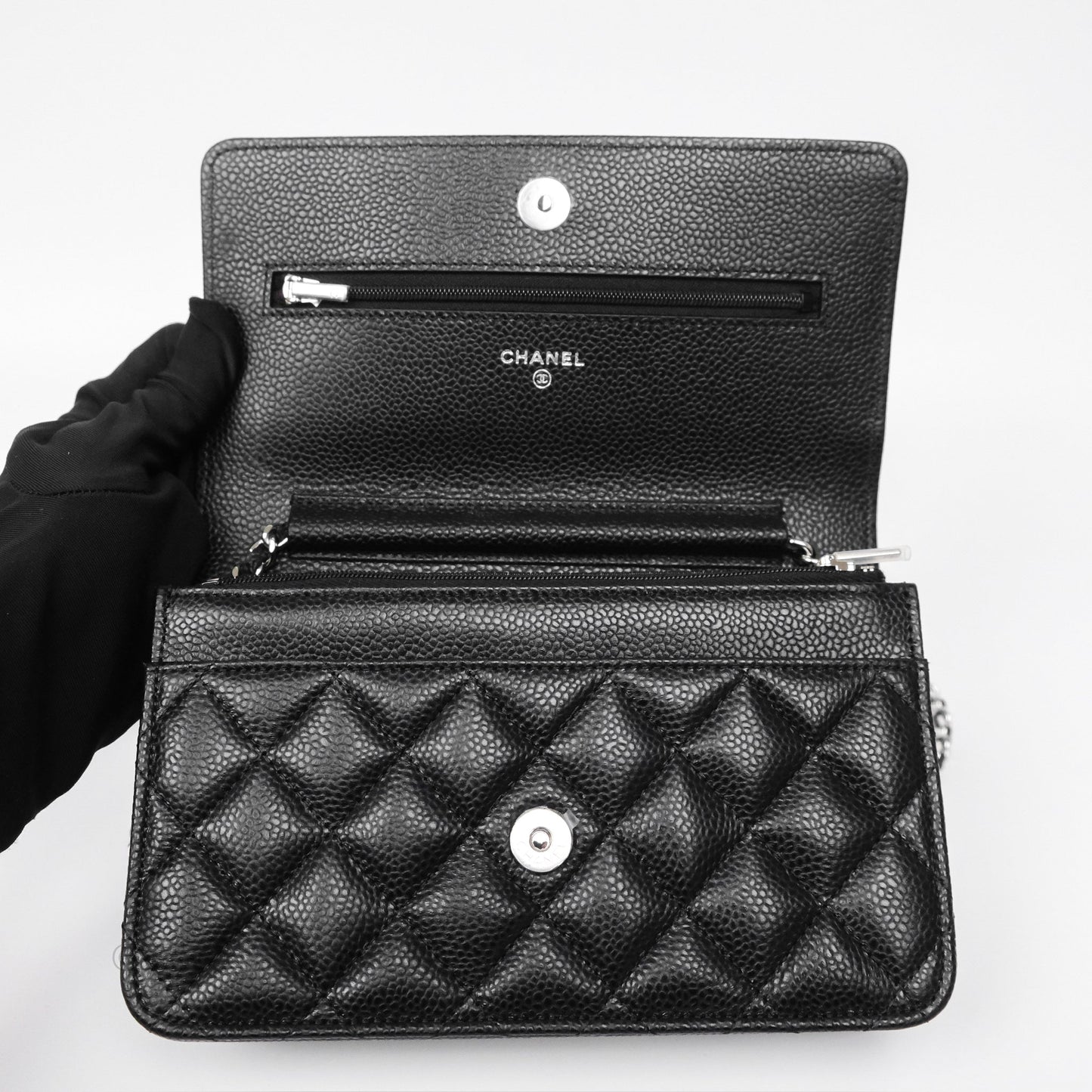 Chanel Classic Wallet On Chain WOC Quilted Black Caviar Silver Hardware