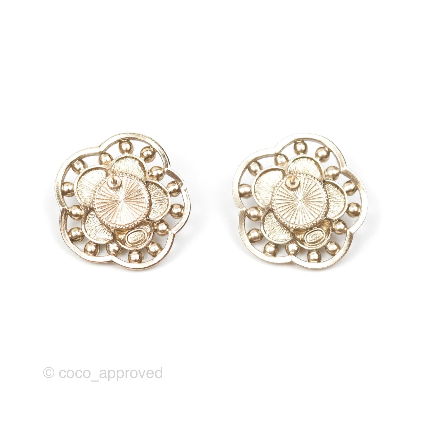 Chanel Crystal Pearl CC Flower Earrings Gold Tone 21B