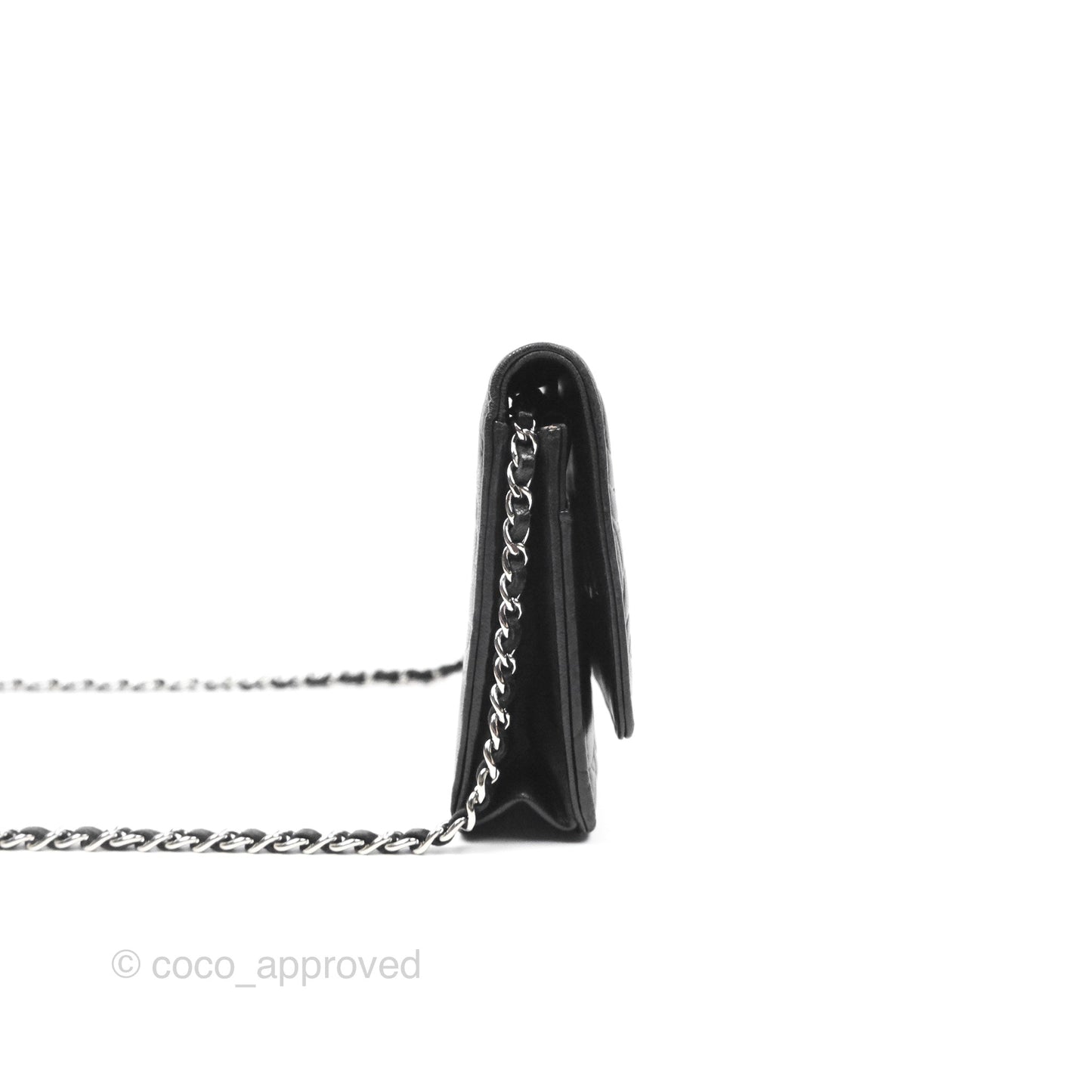 Chanel Camellia Embossed Wallet on Chain WOC Black Lambskin Silver Hardware