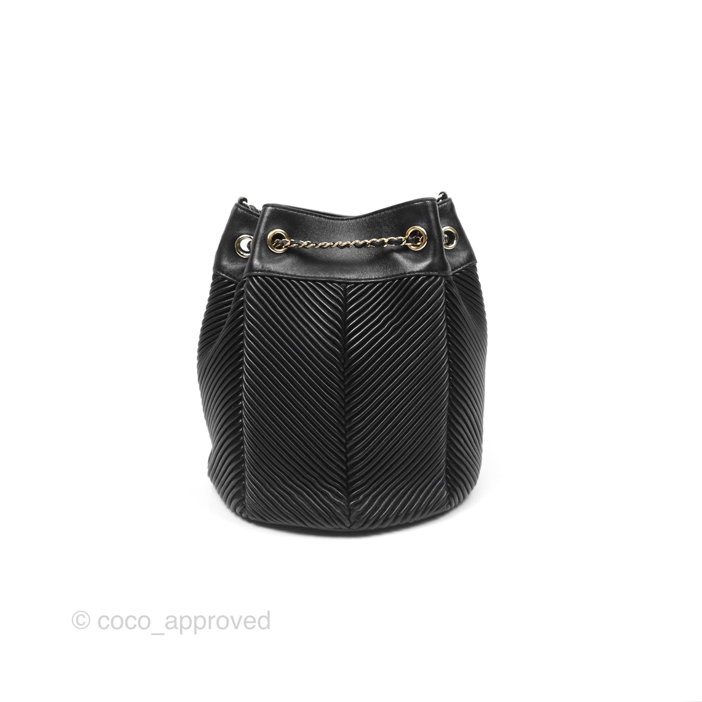 Chanel CC Chain Drawstring Bucket Bag Chevron Black Lambskin Gold Hardware