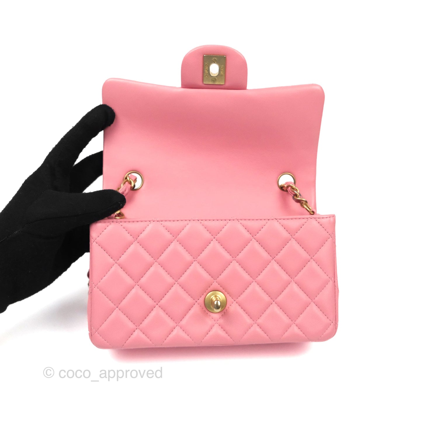 Chanel Quilted Mini Rectangular Flap Pink Lambskin Aged Gold Hardware