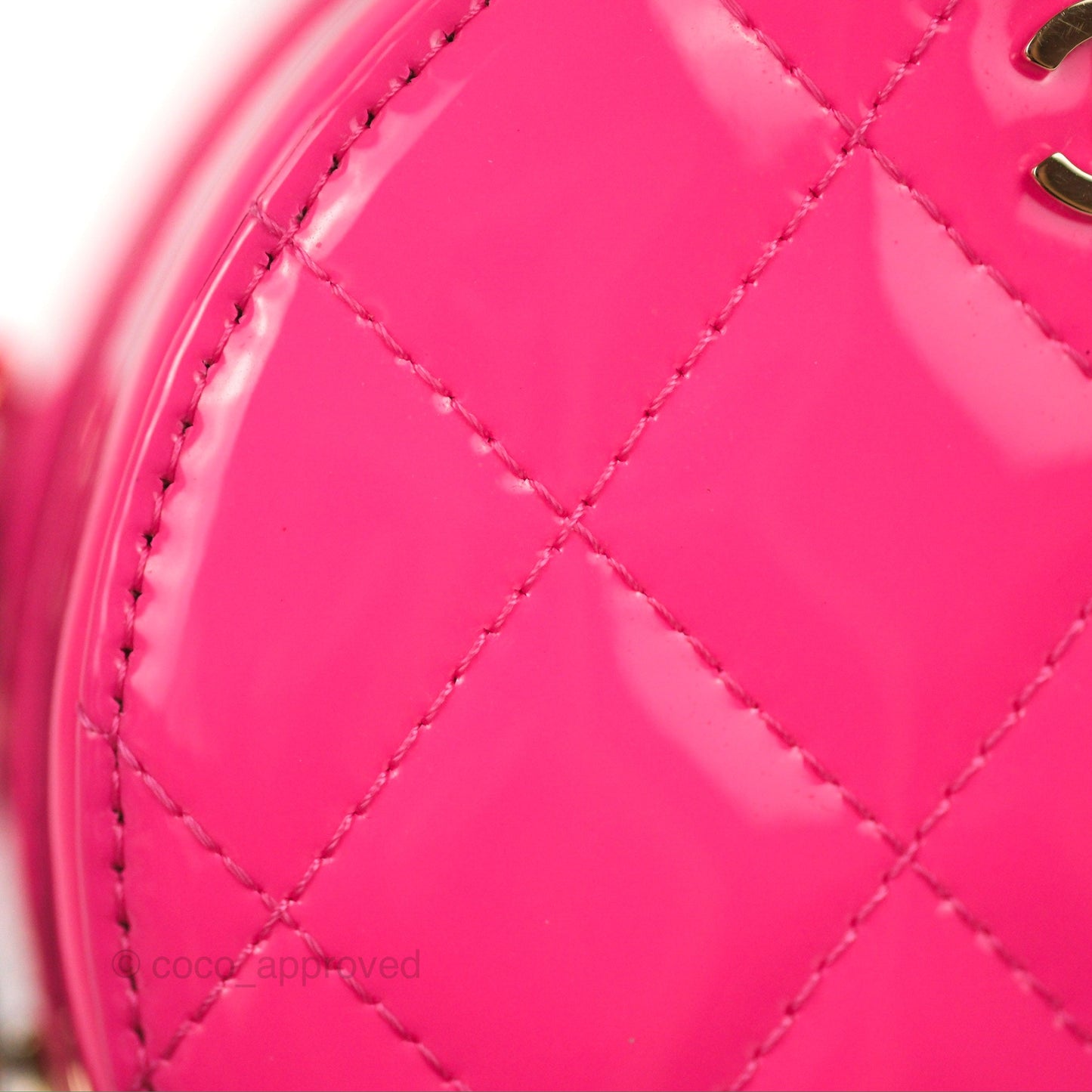 Chanel Classic Quilted Round Clutch Neon Pink Patent Gold Hardware