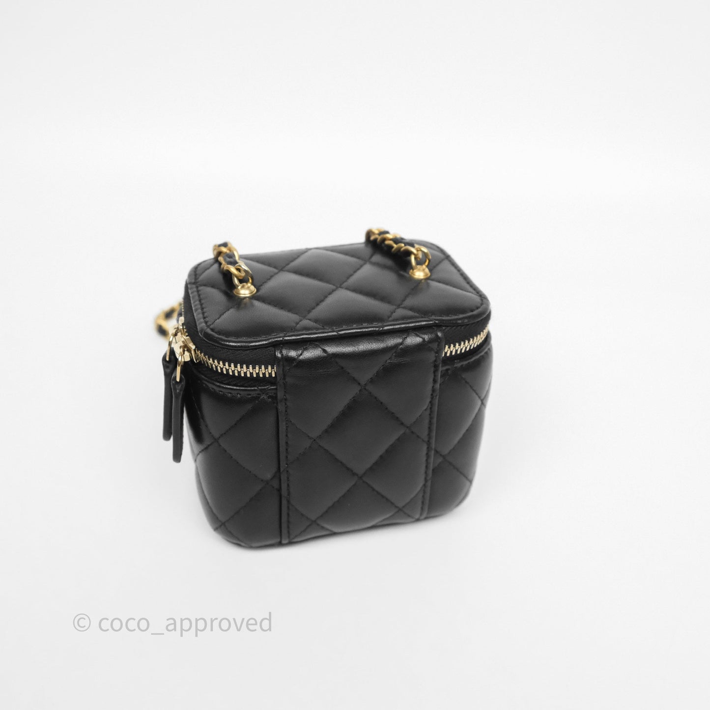 Chanel Quilted Pearl Crush Mini Vanity With Chain Black Lambskin Aged Gold Hardware