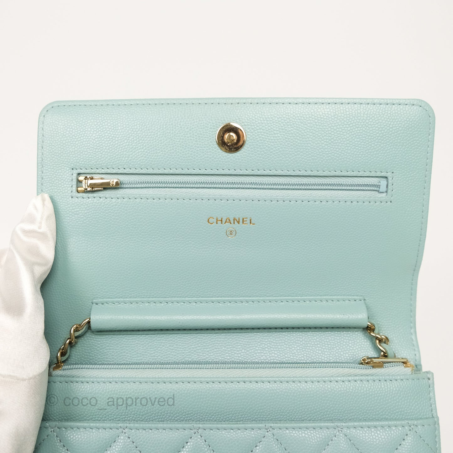 Chanel Quilted Classic Wallet On Chain WOC Tiffany Blue Caviar Gold Hardware