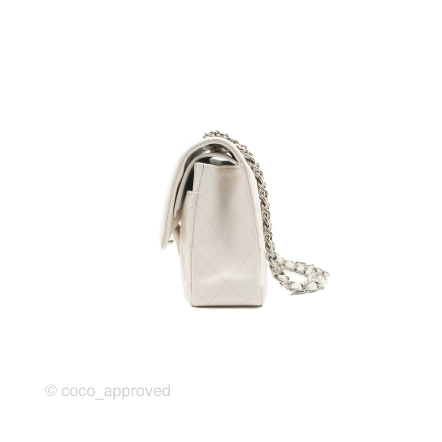 Chanel Classic M/L Medium Double Flap White Caviar Silver Hardware