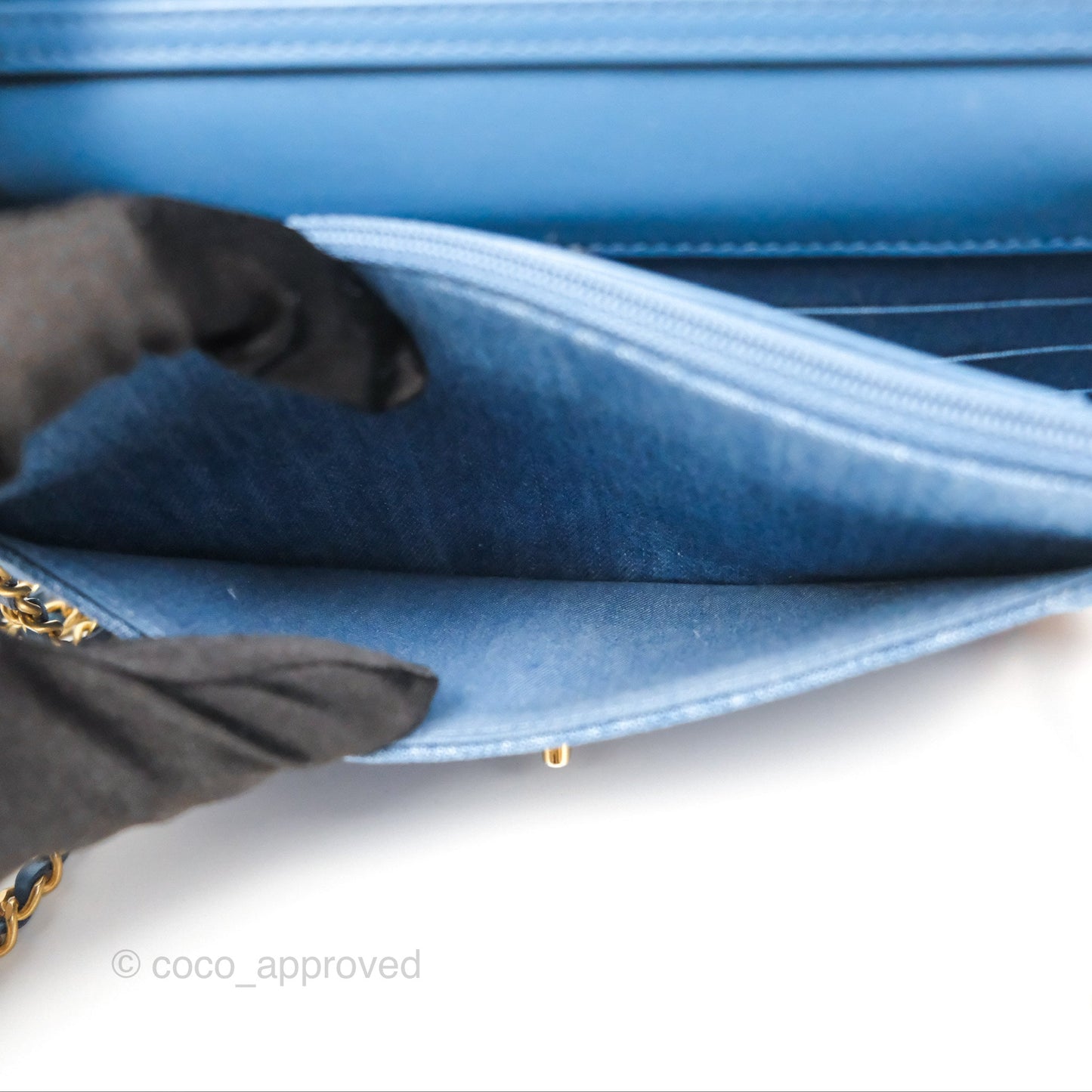 Chanel Quilted Pearl Crush Wallet on Chain WOC Denim Aged Gold Hardware