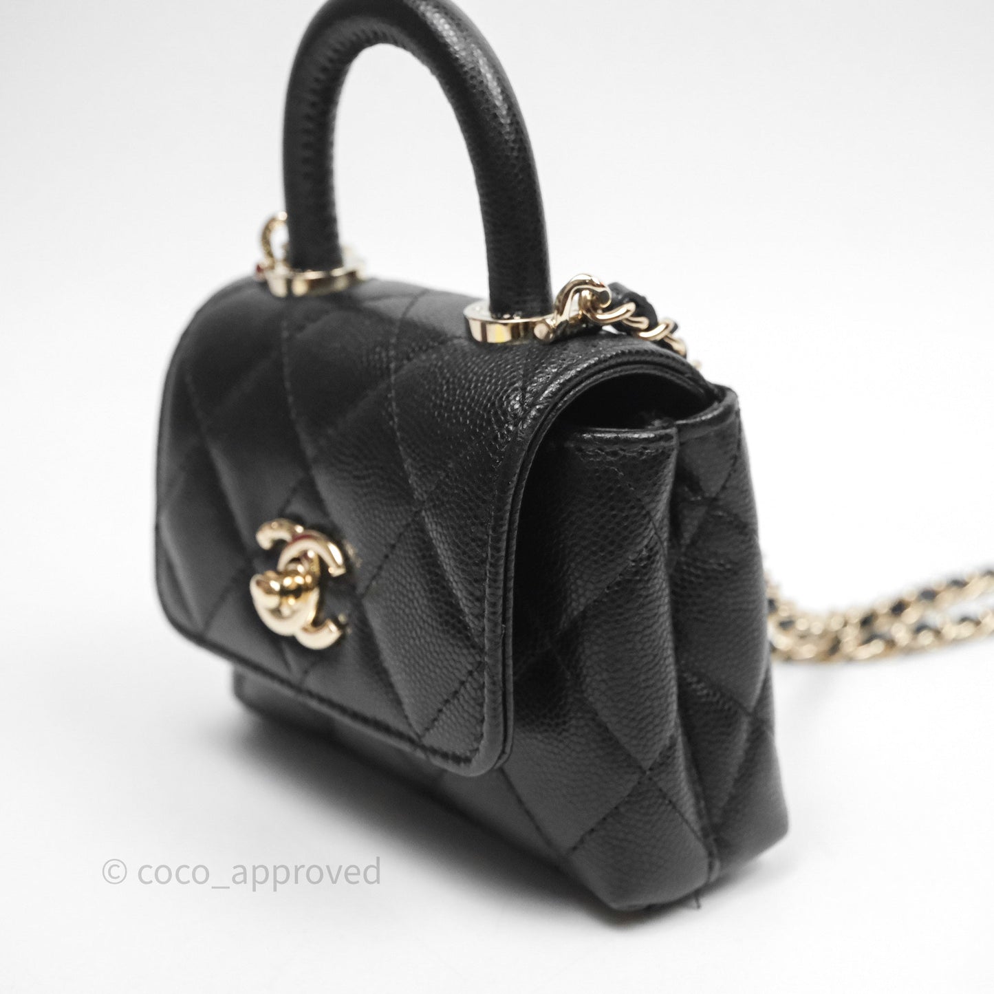 Chanel Nano Coco Handle Clutch Quilted Black Caviar Gold Hardware