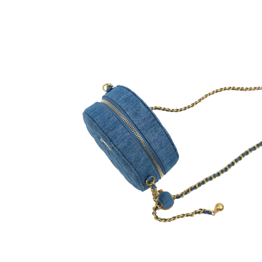 Chanel Quilted Pearl Crush Round Clutch With Chain Denim Aged Gold Hardware