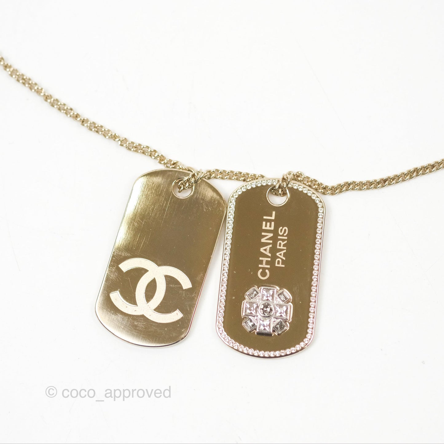 Chanel Dog Tag Charm Crystal Necklace Gold Tone 20P