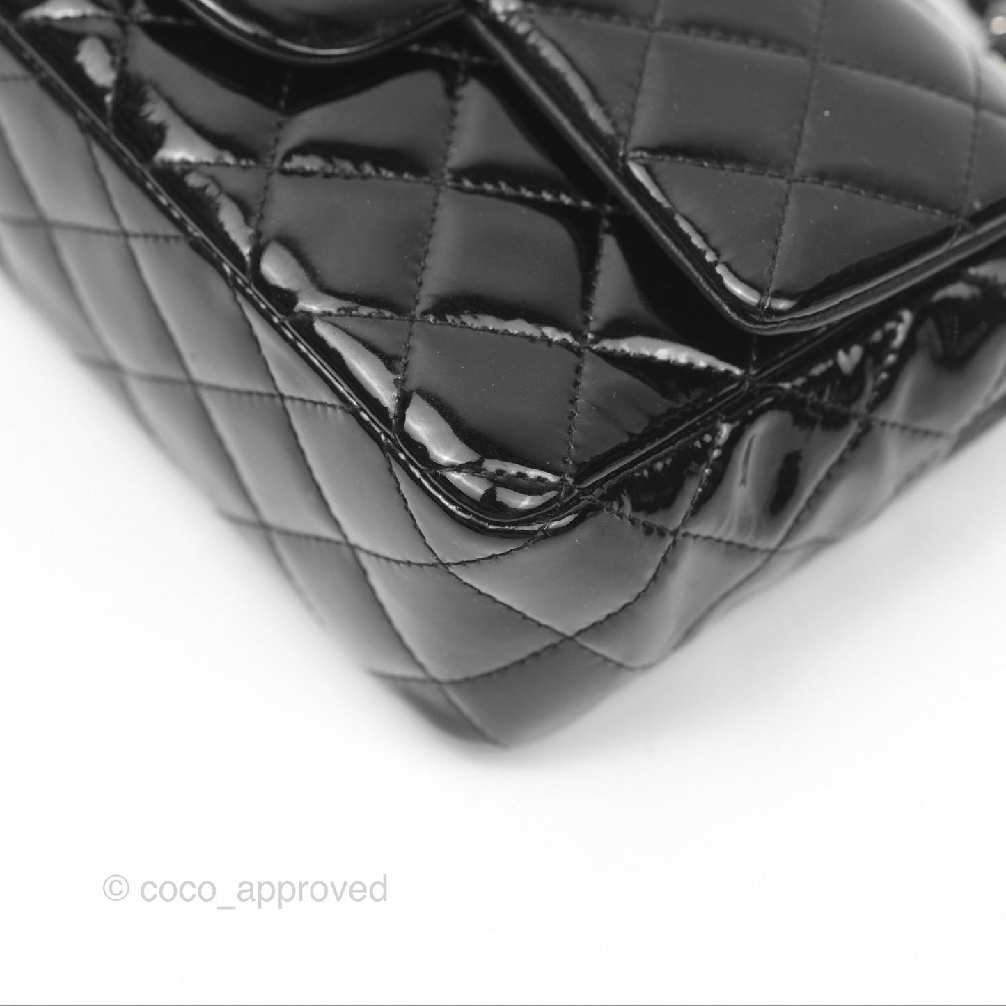 Chanel Quilted Mini Rectangular Flap Black Patent Silver Hardware
