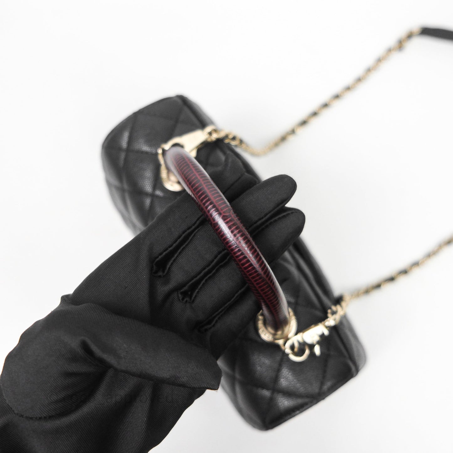 Chanel Mini Coco Handle Quilted Black Caviar Light Gold Hardware Lizard Embossed Handle
