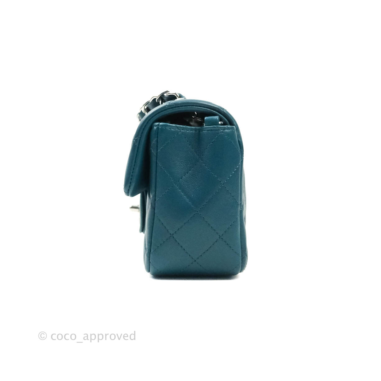 Chanel Quilted Mini Rectangular Lambskin Flap Bag Teal Silver Hardware