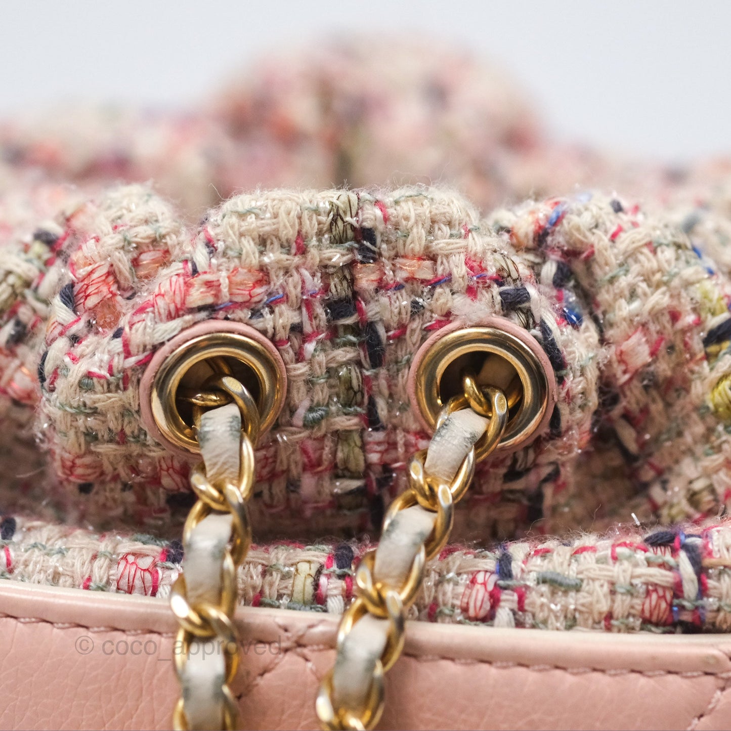 Chanel Quilted Top Handle Drawstring Bucket Bag Calfskin Tweed Pink Aged Gold Hardware