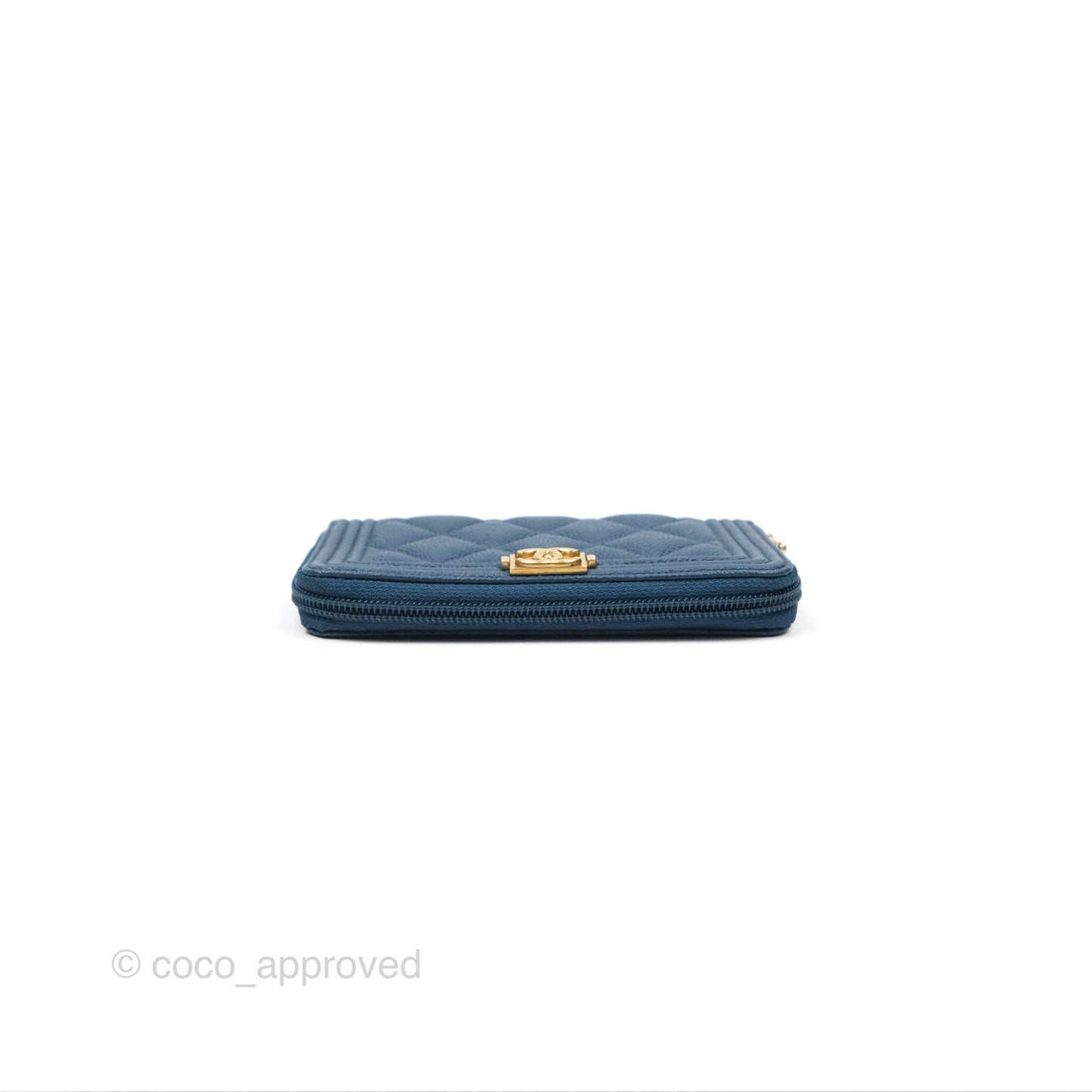Chanel Quilted Boy Zip Card Holder Blue Caviar Aged Gold Hardware