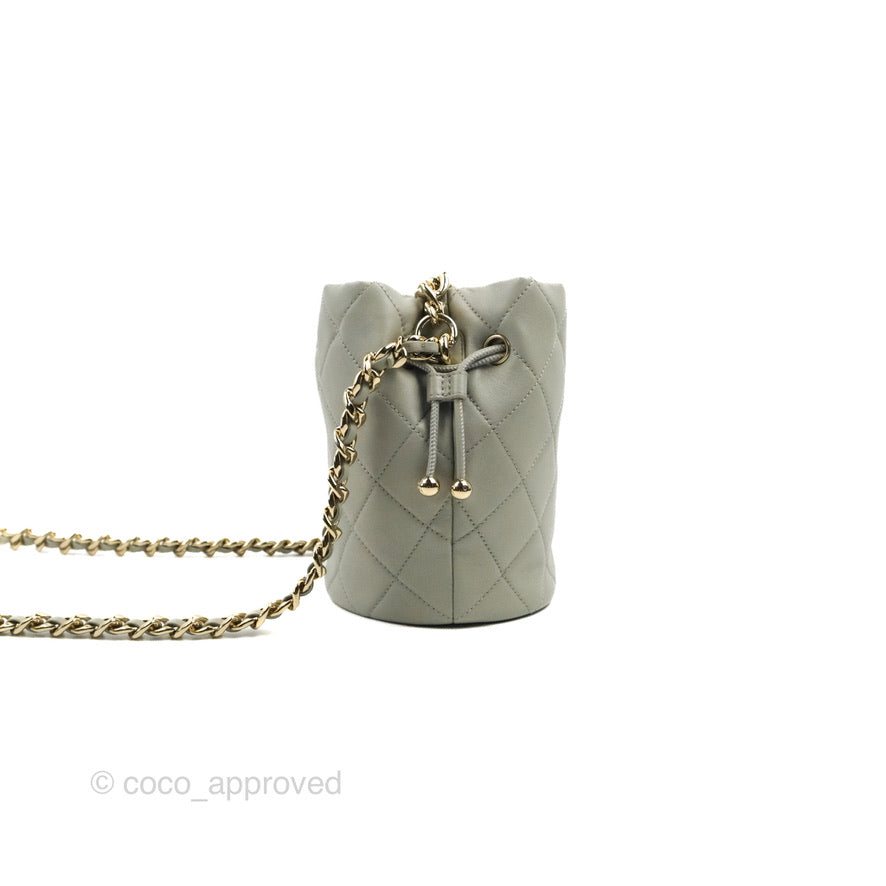 Chanel Quilted Drawstring Bucket Bag Grey Lambskin Gold Hardware 22C