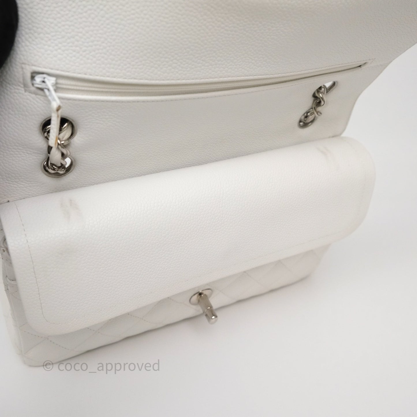 Chanel M/L Medium Classic Flap Quilted White Caviar Silver Hardware