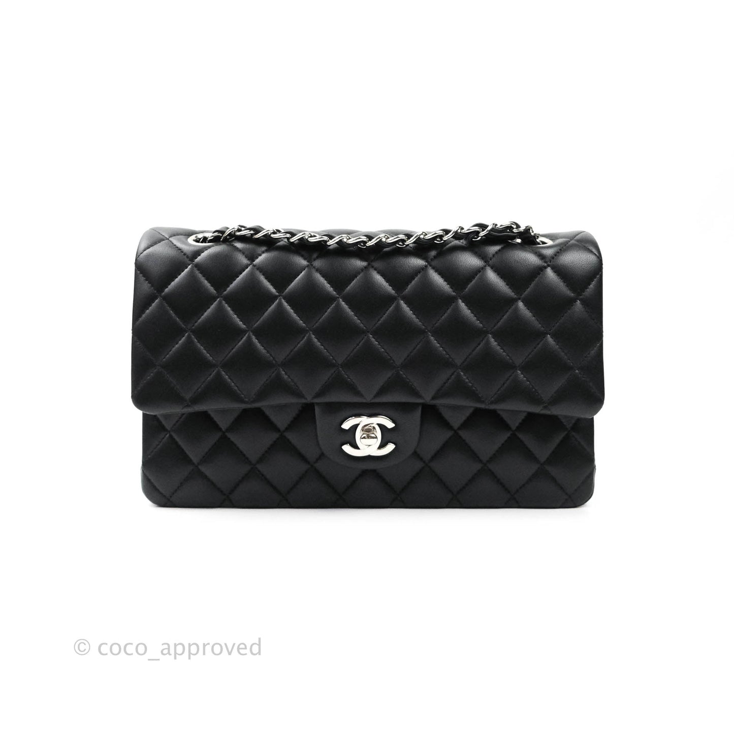 Chanel Classic M/L Medium Double Flap Bag Black Lambskin Silver Hardware