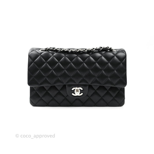 Chanel Classic M/L Medium Double Flap Bag Black Lambskin Silver Hardware