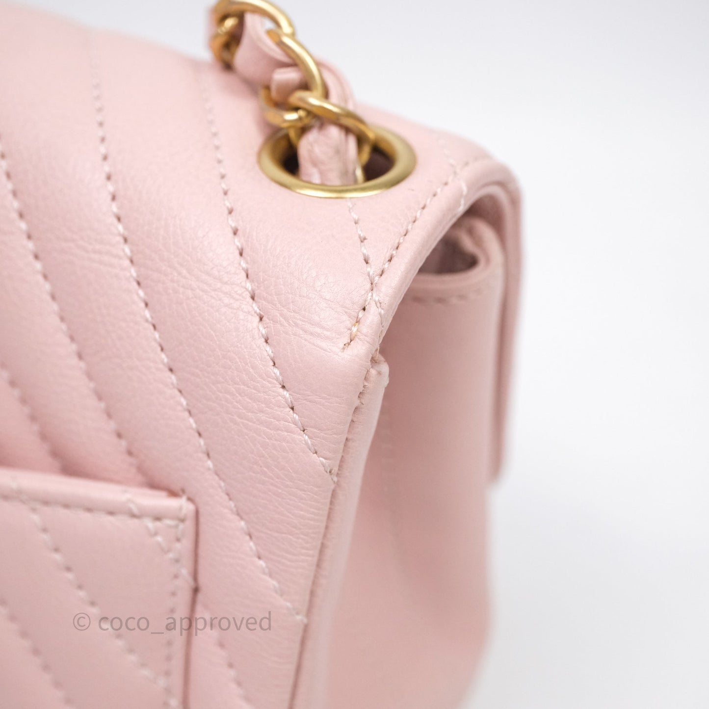 Chanel Mini Square Chevron Pink Calfskin Aged Gold Hardware