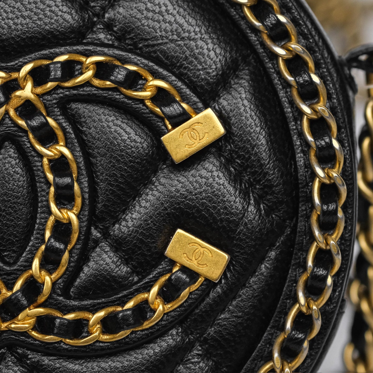 Chanel Chained Round Filigree Clutch With Chain Black Lambskin Gold Hardware