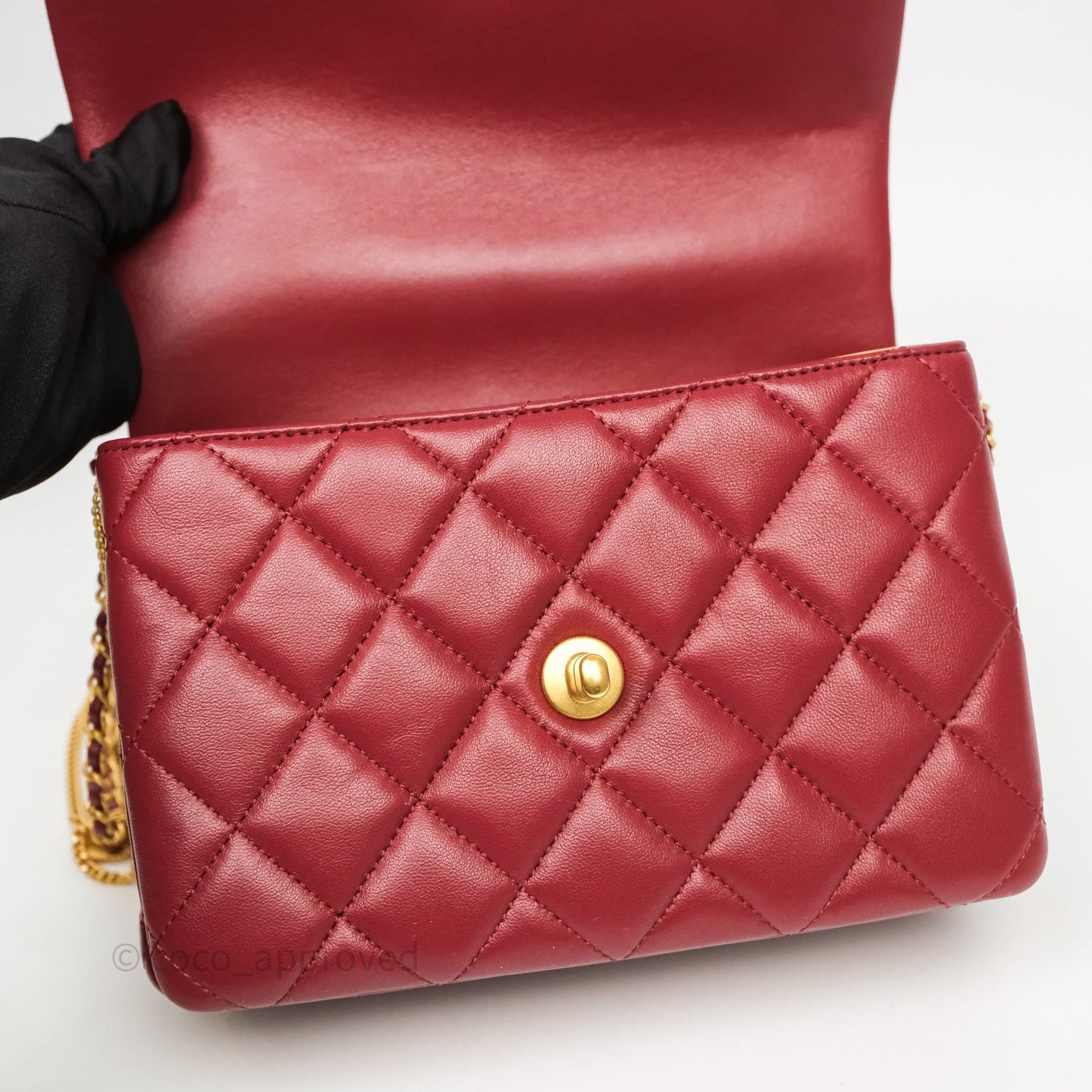 Chanel Quilted Accordion Flap Bag with Button on Chain Burgundy Lambskin Aged Gold Hardware 22A