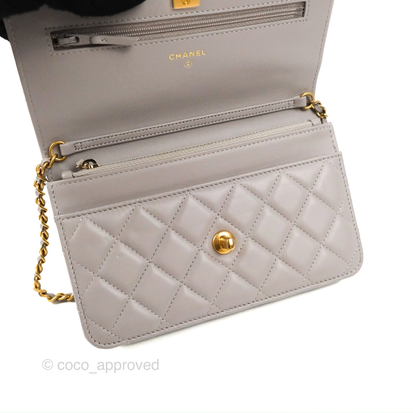 Chanel Quilted Pearl Crush Wallet on Chain WOC Light Grey Lambskin Aged Gold Hardware