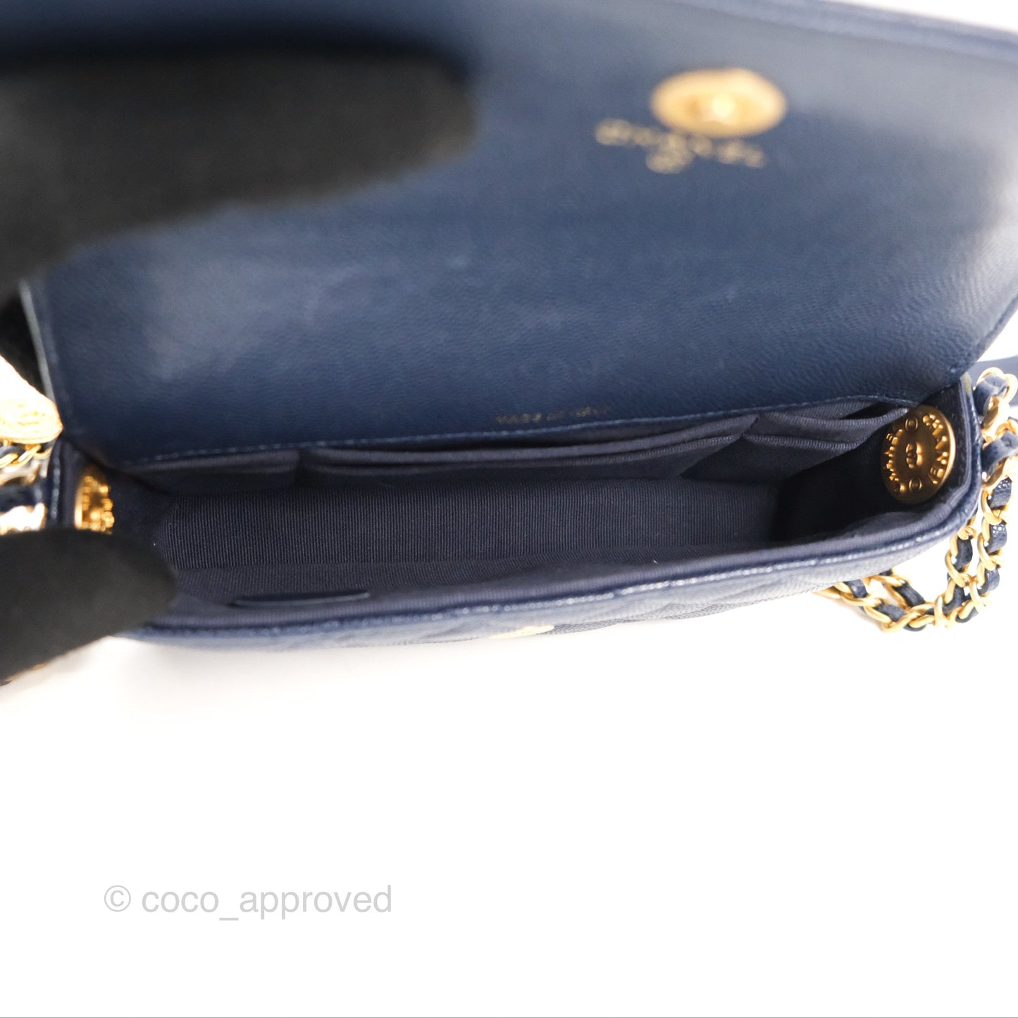 Chanel Twist Your Button Phone Bag Navy Shiny Caviar Aged Gold Hardware 22A