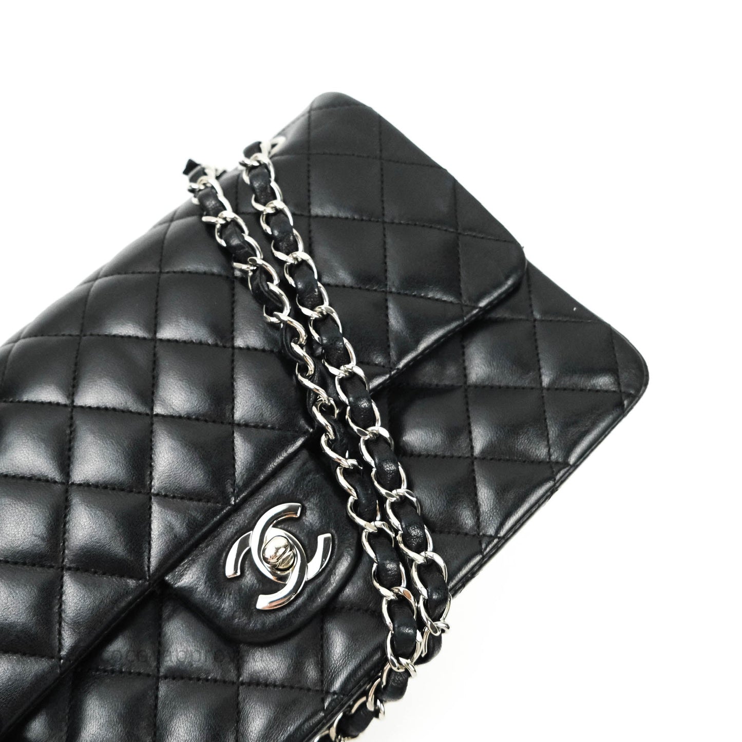 Chanel Classic M/L Medium Double Flap Bag Black Lambskin Silver Hardware