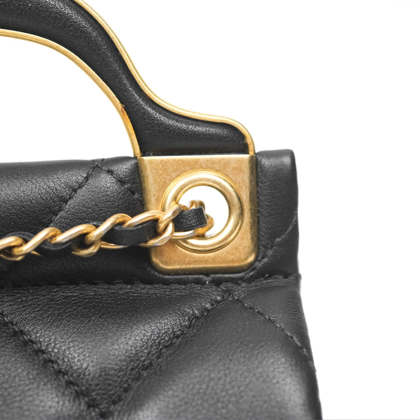 Chanel Lady Handle Flap Card Holder With Chain Black Calfskin Gold Hardware