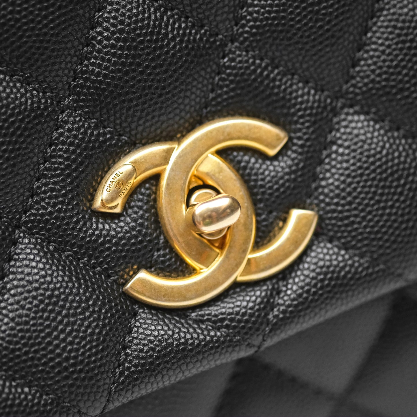 Chanel Medium Coco Handle Quilted Black Caviar Lizard Handle Gold Hardware