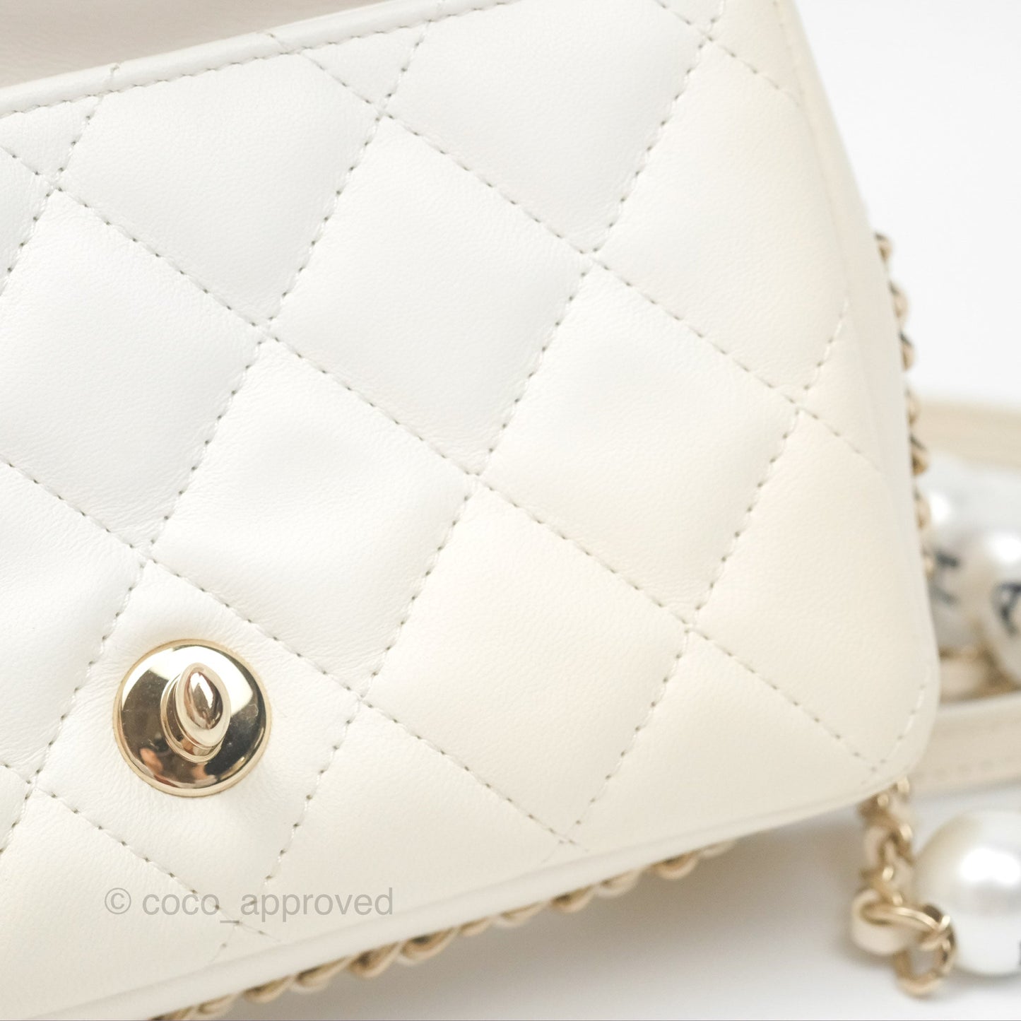 Chanel Small Logo Pearl Chain Flap Bag White Lambskin Gold Hardware