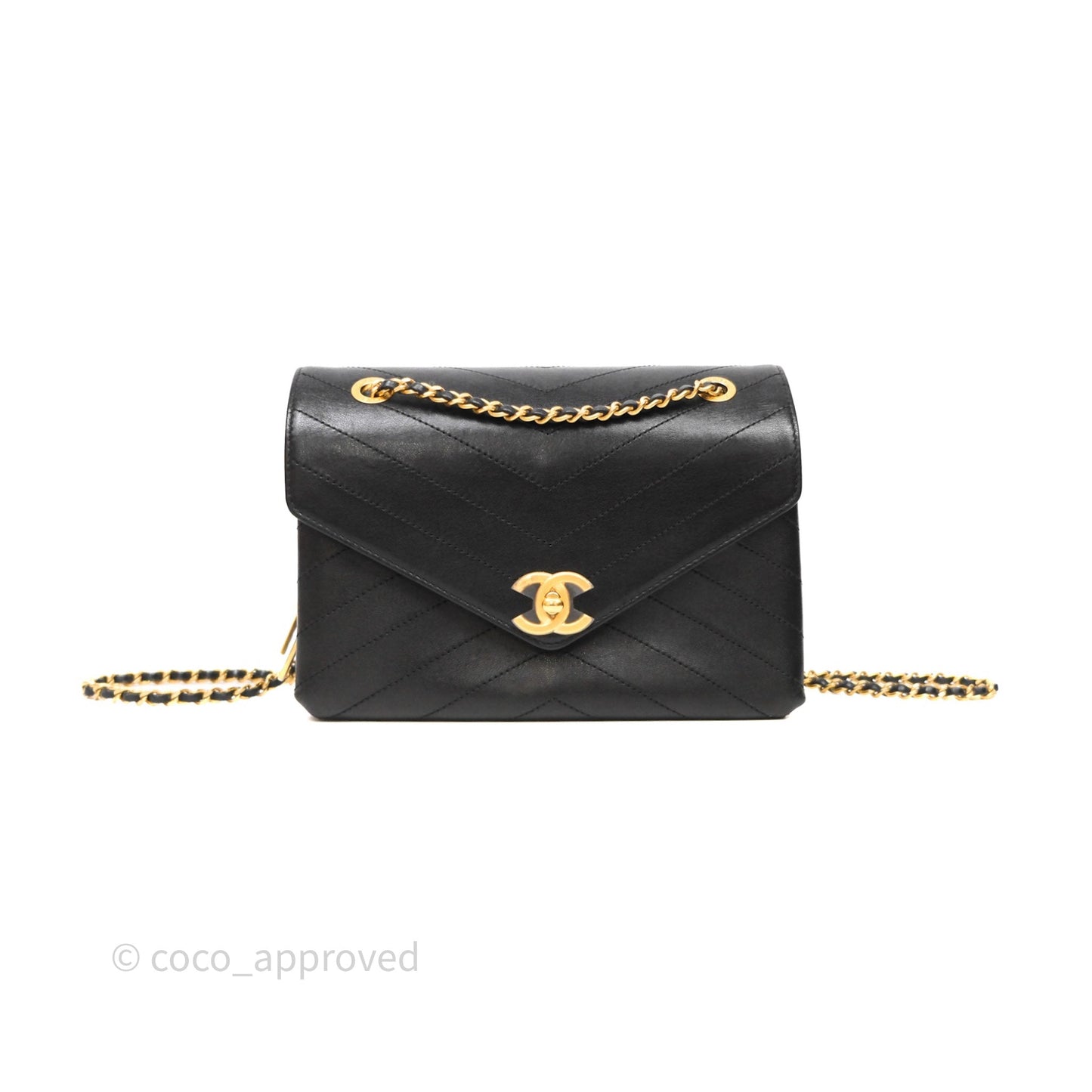 Chanel Chevron Flap Bag Black Calfskin Aged Gold Hardware