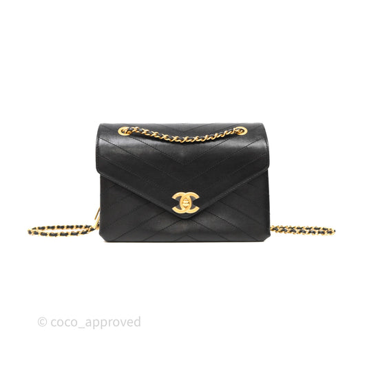 Chanel Chevron Flap Bag Black Calfskin Aged Gold Hardware