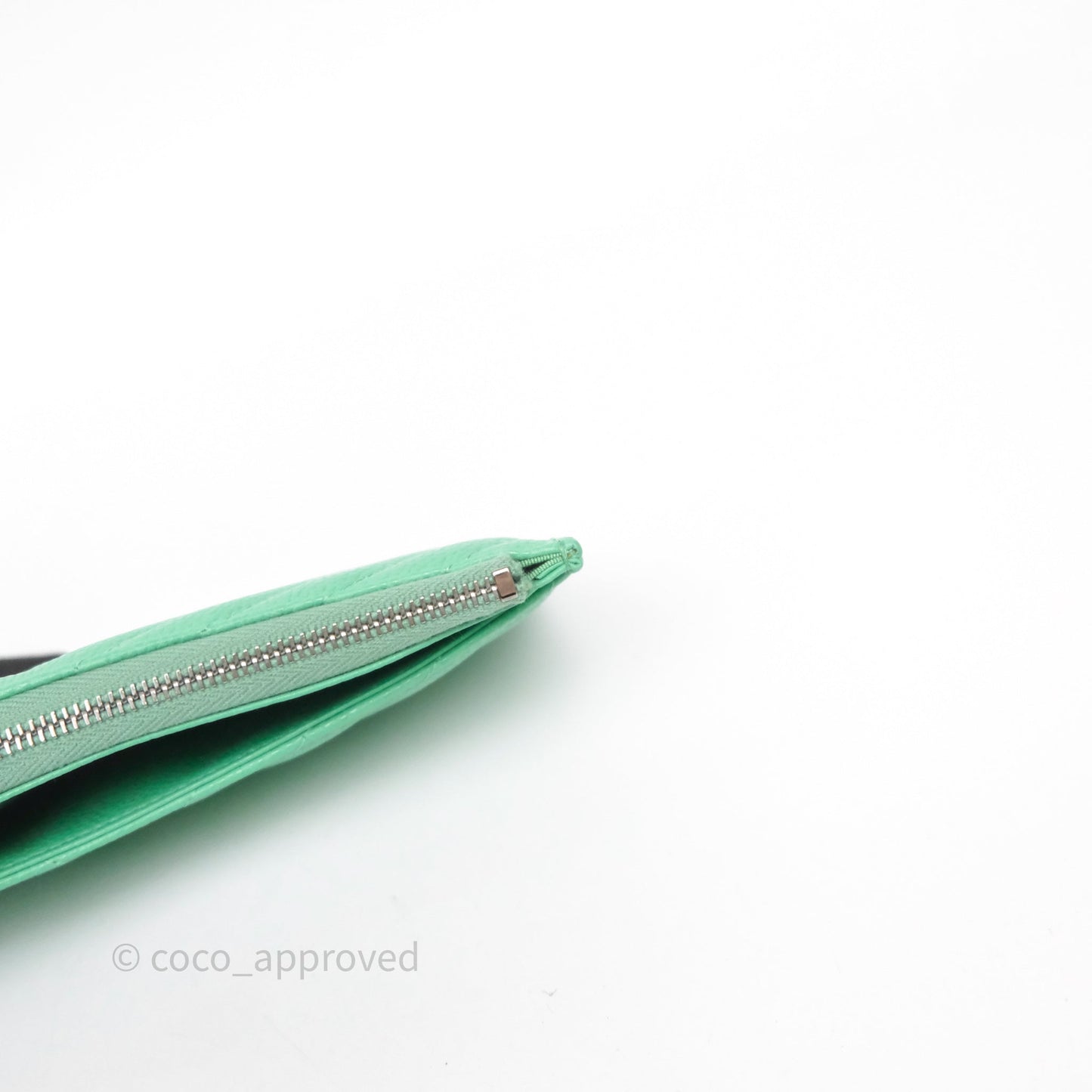 Chanel Long Zip Chevron Green Wallet Silver Hardware